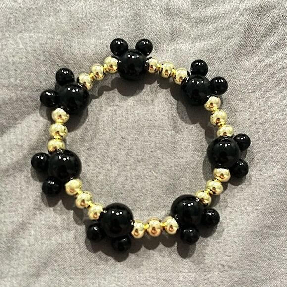 NEW Black Mickey Mouse Head & Round Gold Beaded Bracelet - Picture 1 of 4
